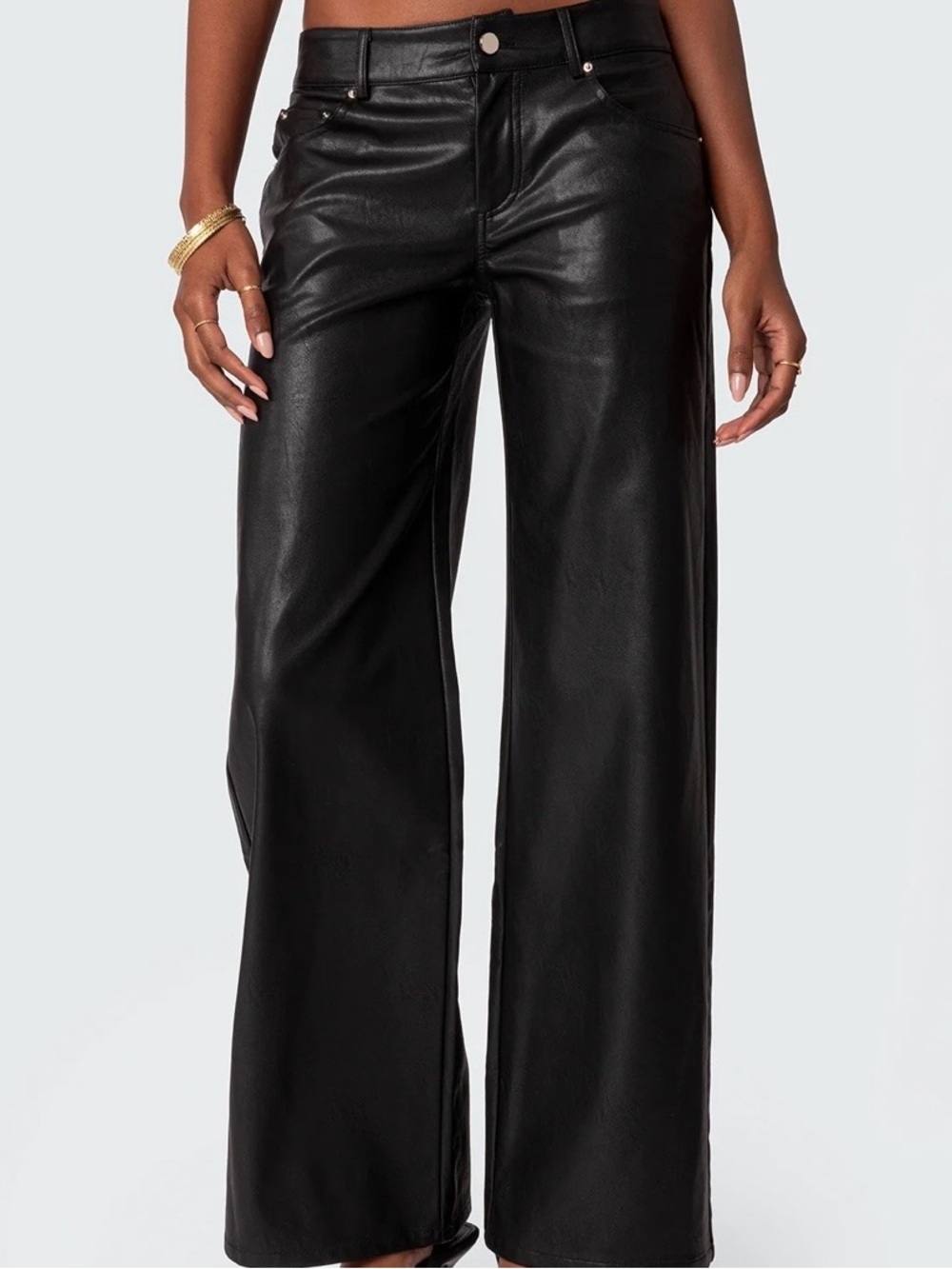 EDIKTED Black Faux Leather Low Rise Wide Leg Pants Size L